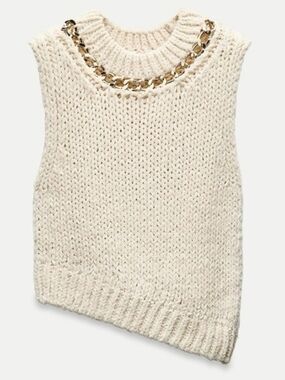 Zara Cream Knit Vest with Gold Chain Trim